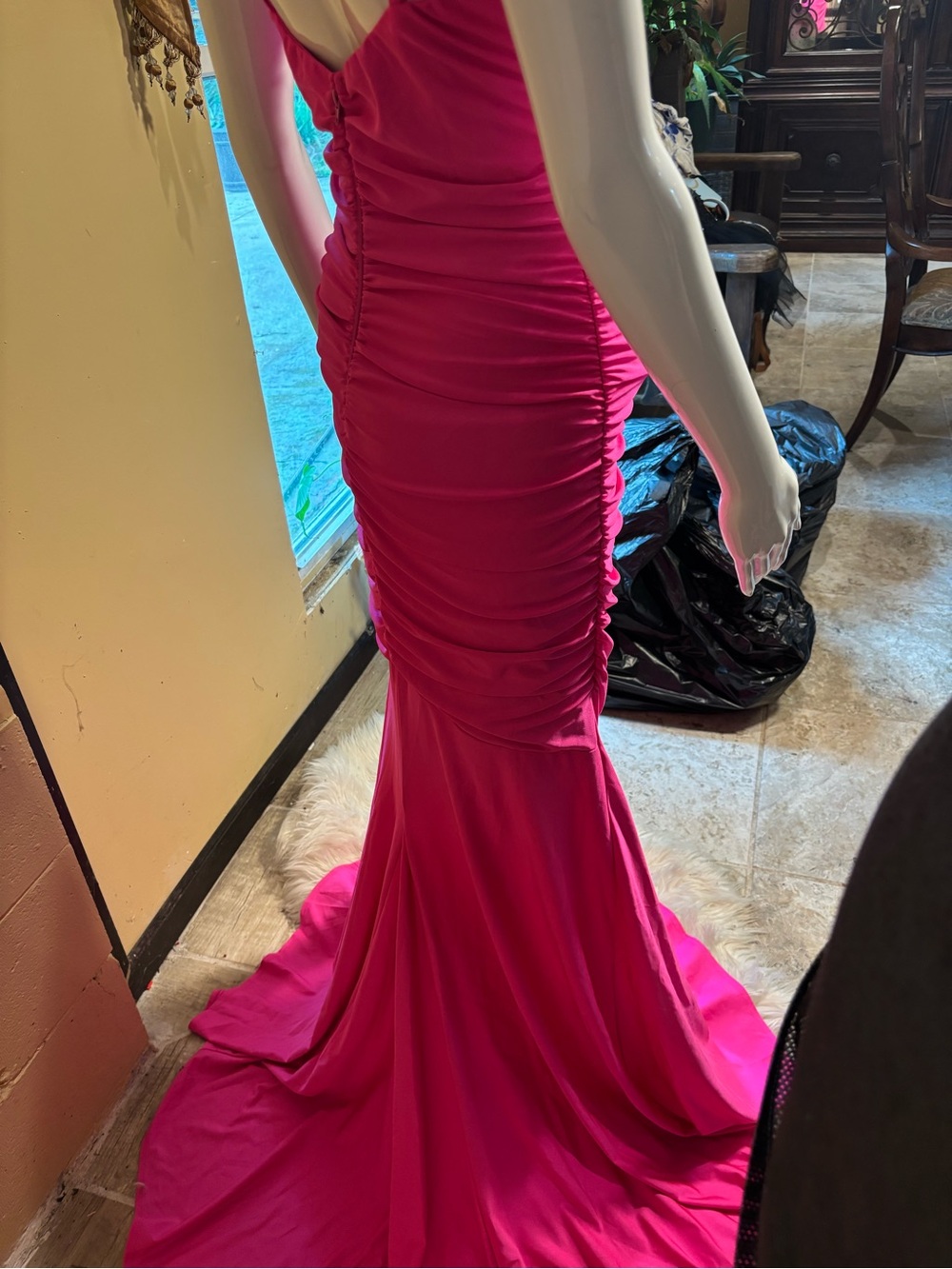 Hot Pink Ruched Spaghetti-Strap Prom Gown - Picture 10 of 12